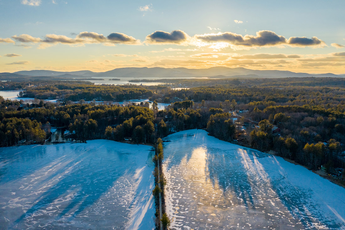 aerial view of a road in winter