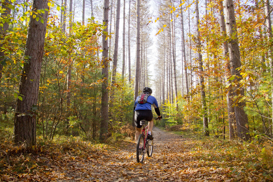 man riding a bike through fall leaves