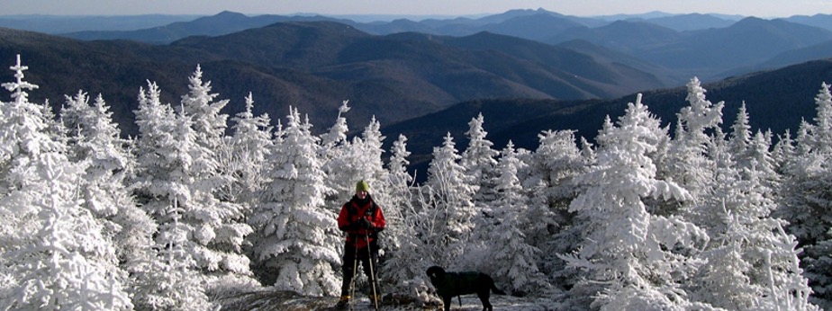 A person with their dog hiking a snowy Mount Pierce