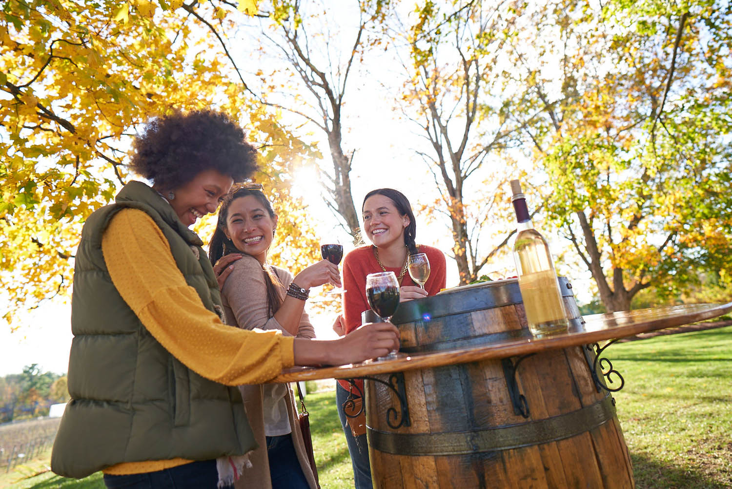 a group of friends laughing and drinking wine