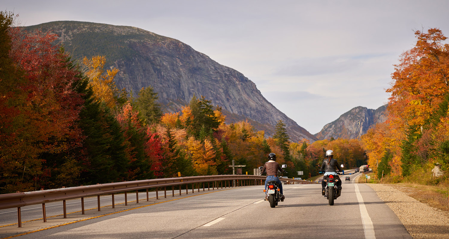 motorcylists on a road in fall